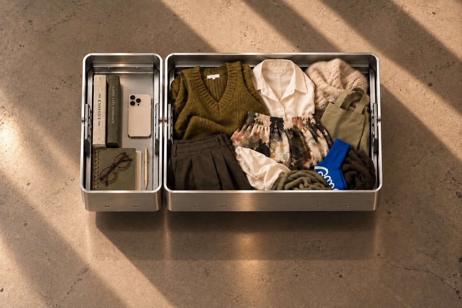 Both bays out of the shell, seen from above: books, a phone and glasses in the narrow bay, folded clothes in the wide bay