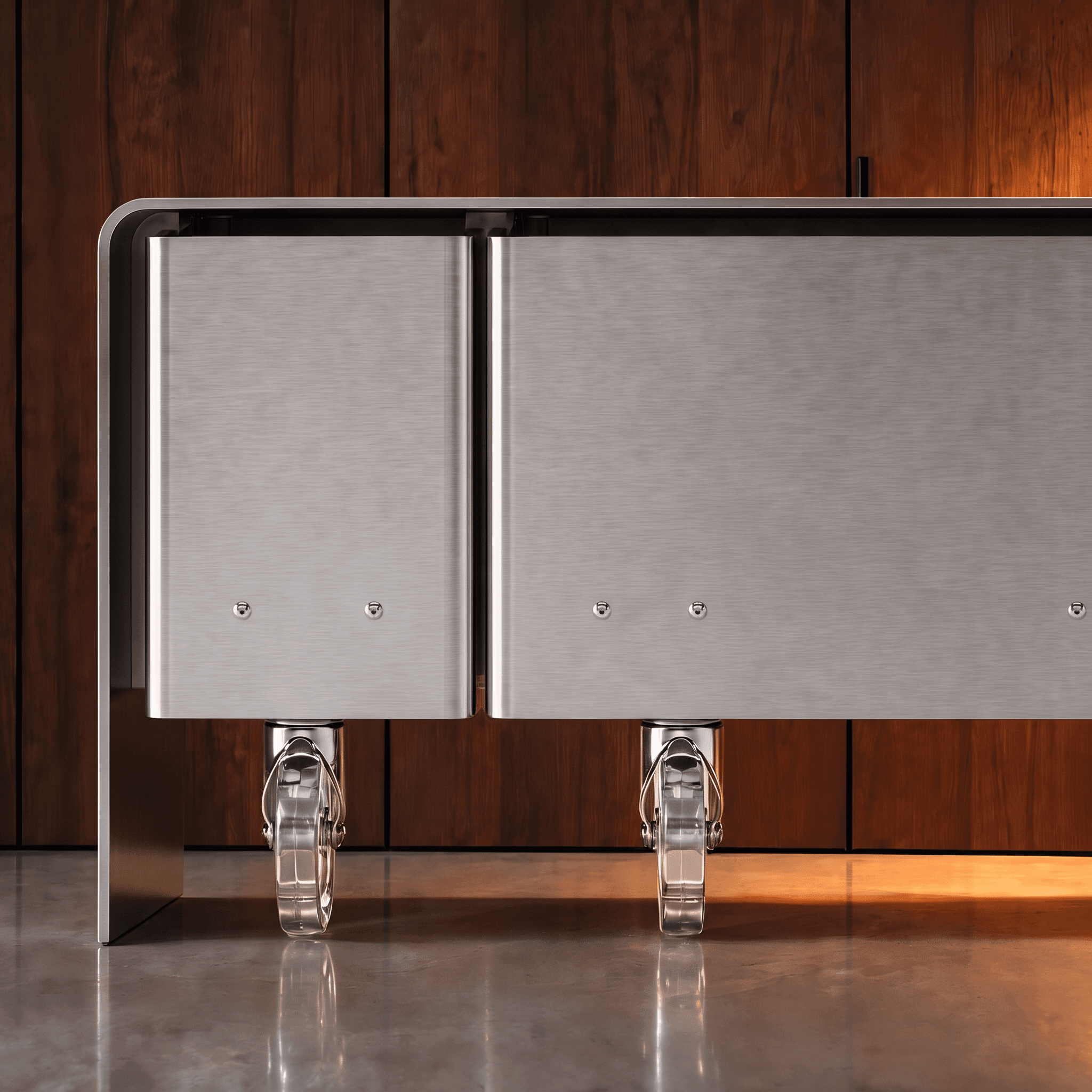 Close view of the two bays side by side under the folded shell, standing on clear casters
