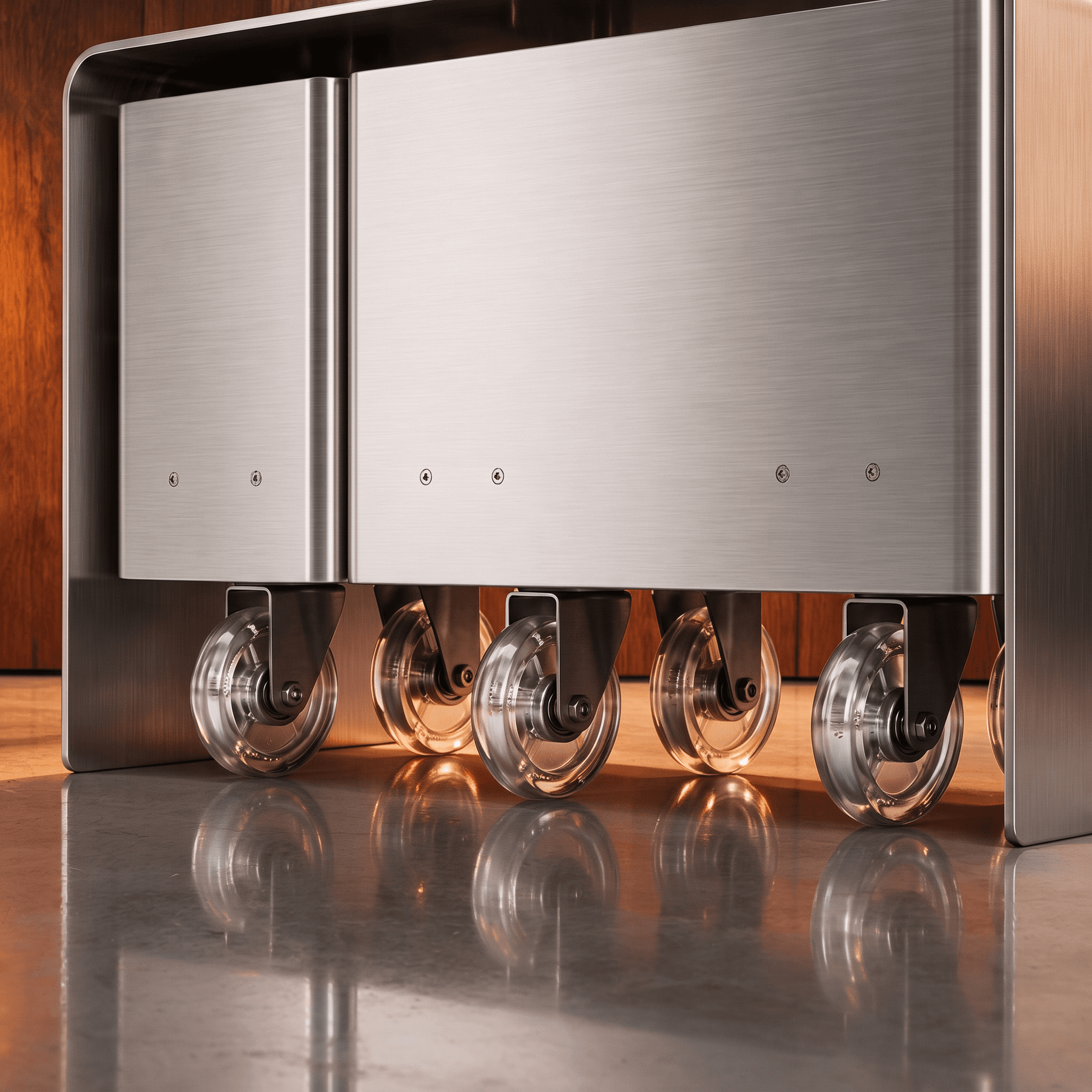 Close view of the clear casters under both bays, each on a brushed steel bracket