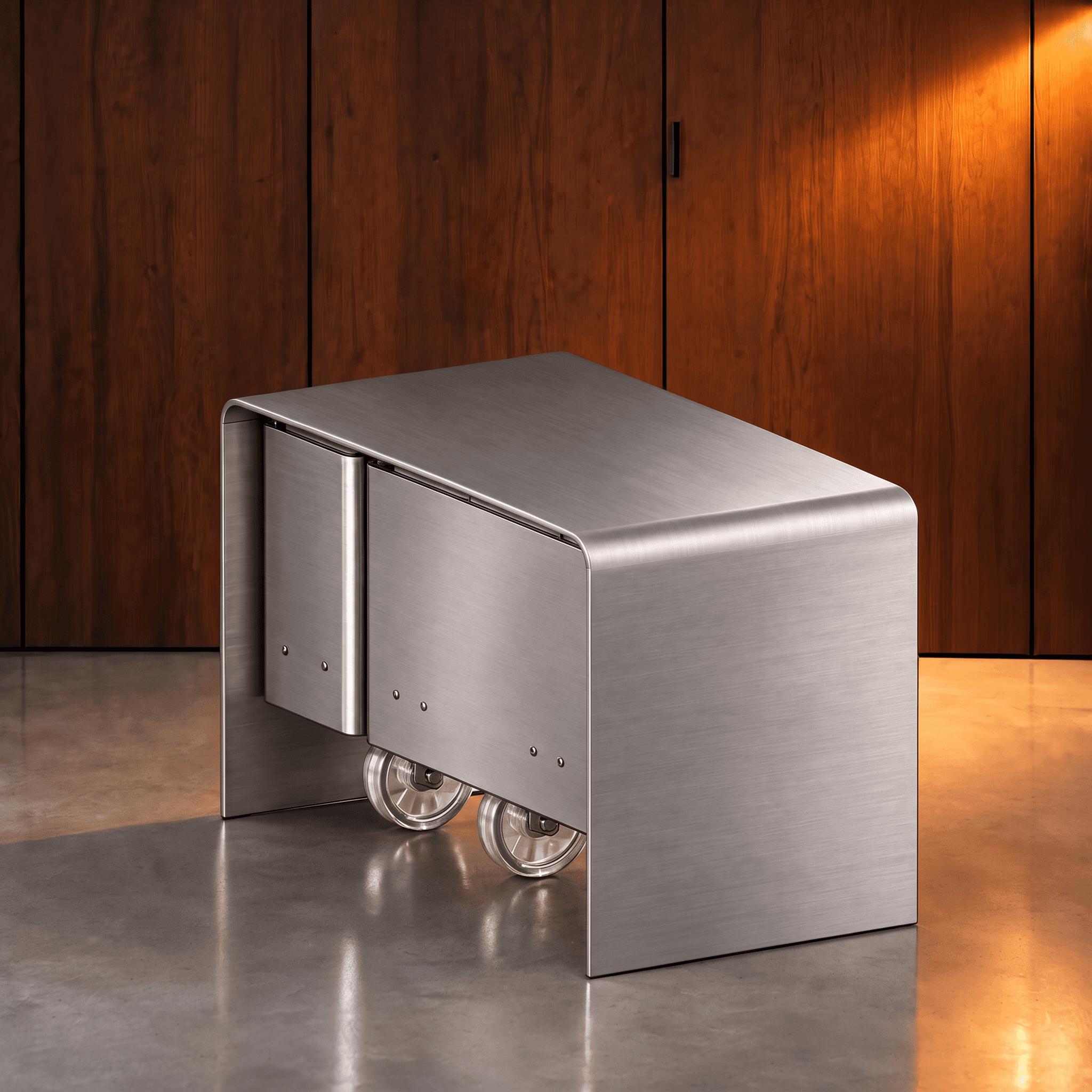 Three-quarter view of the brushed stainless shell, one sheet folded over the top and down both sides