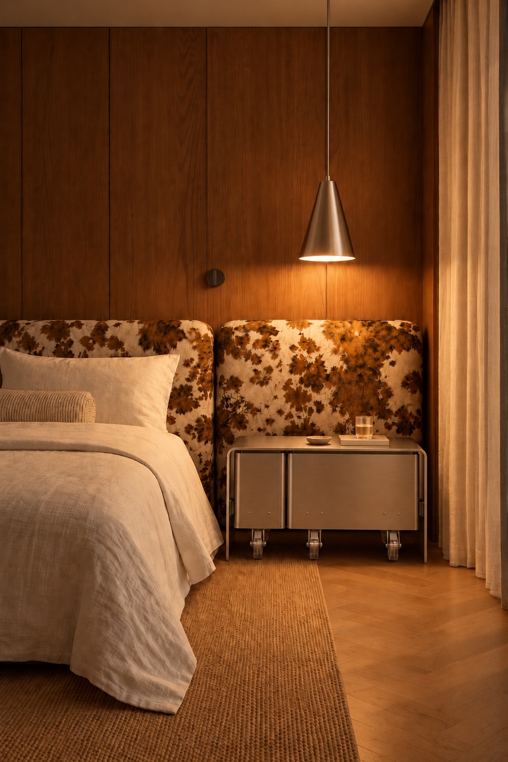 The same bedside cart at night, lit by a brass pendant above it against oak panelling