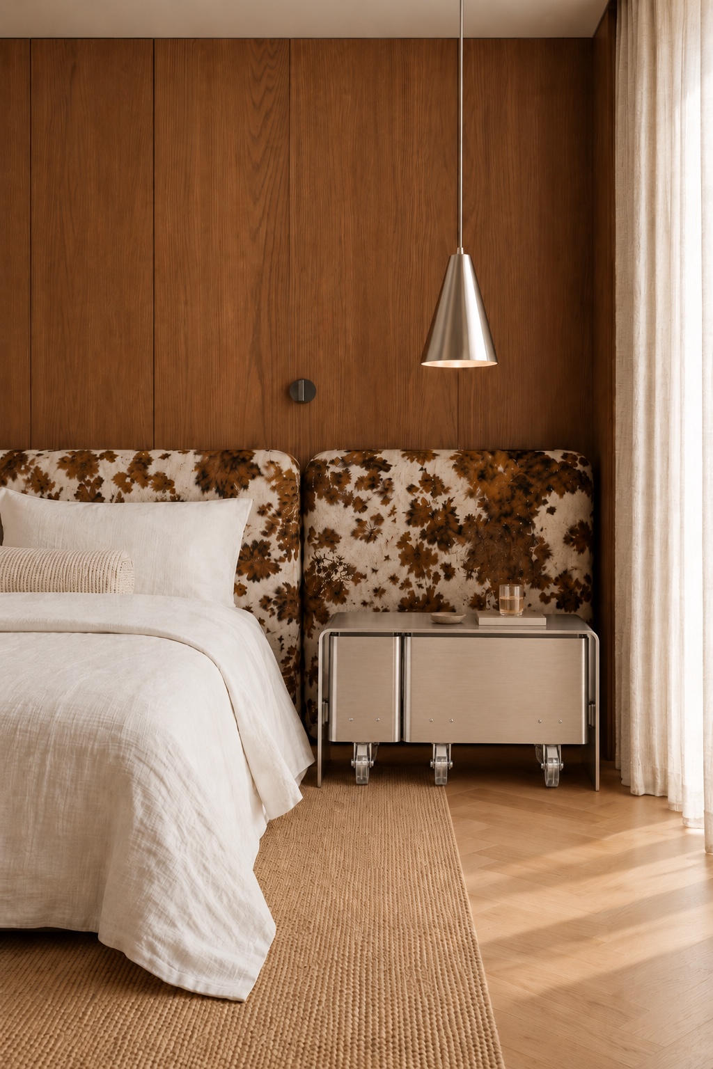 Dual-bay bedside storage cart in folded stainless steel on clear casters, beside a bed with a patterned headboard against oak panelling